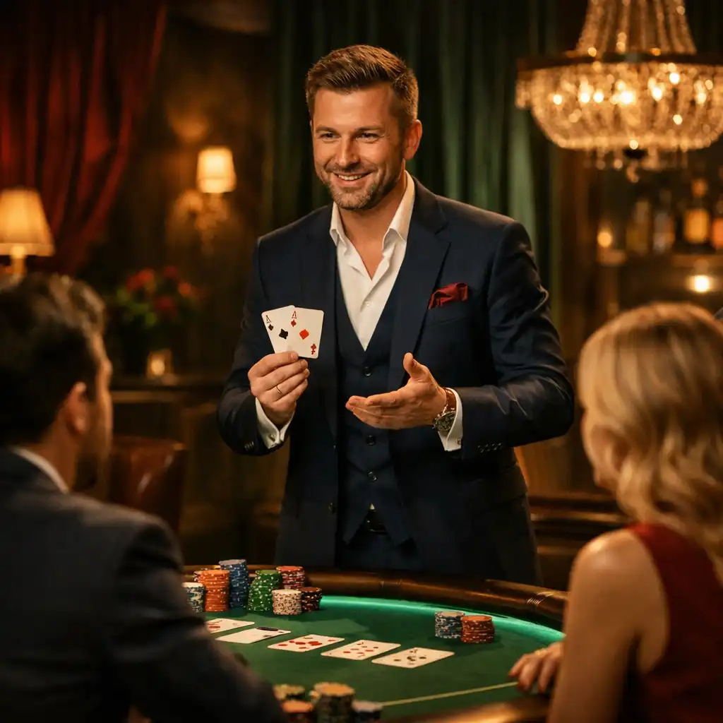 Prowadzący HIPOLISH.PL tłumaczy zasady Texas Hold'em uczestnikom wieczoru pokerowego