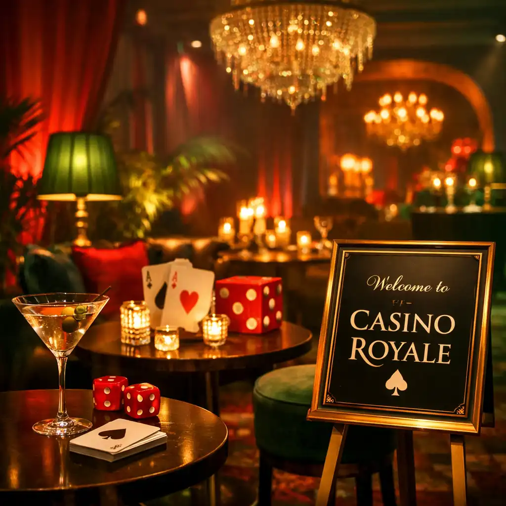 Tematyczne dekoracje w stylu Noc w Las Vegas i Casino Royale na prywatnym evencie