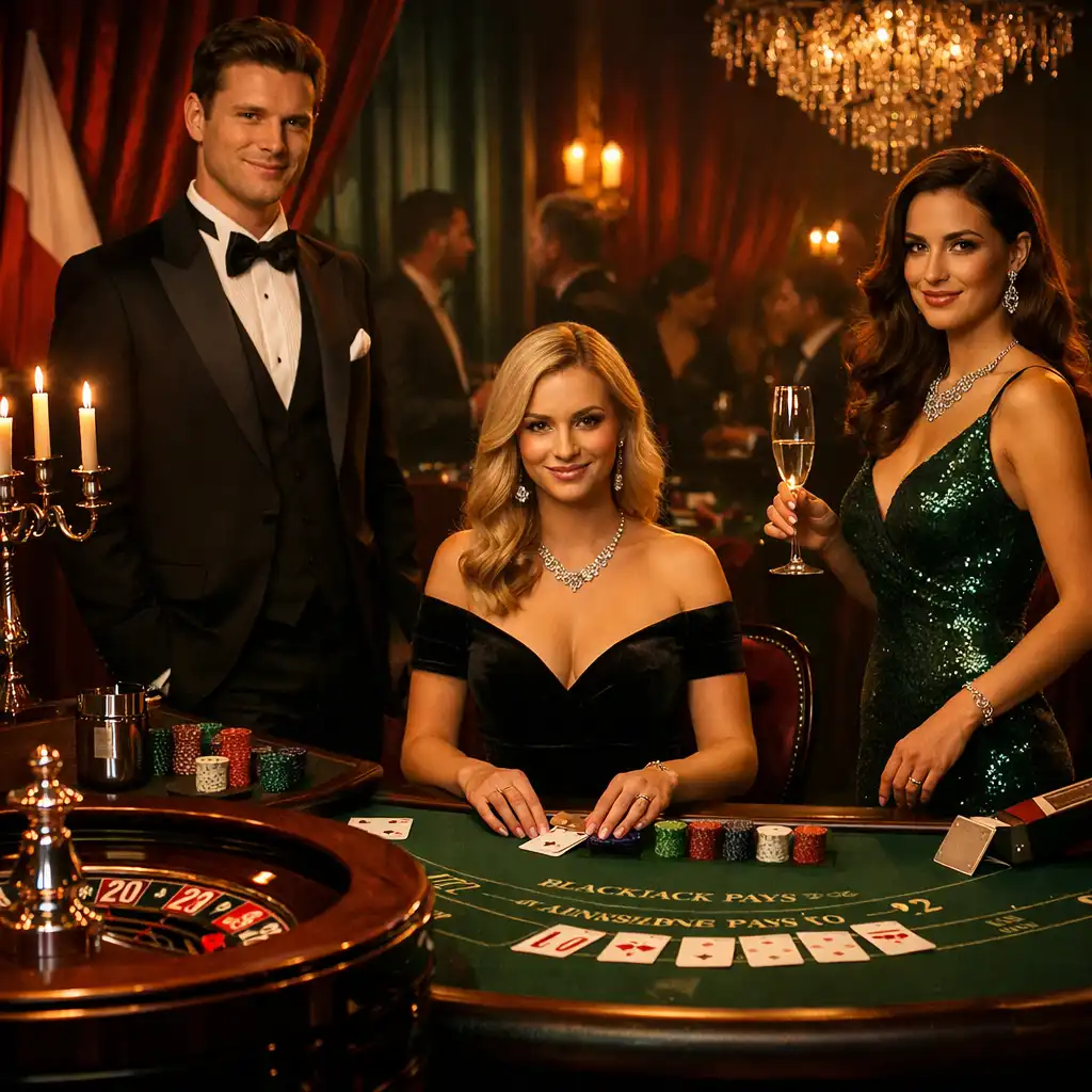 Kinowa scena stołu ruletki i blackjacka podczas ekskluzywnego wieczoru eventowego